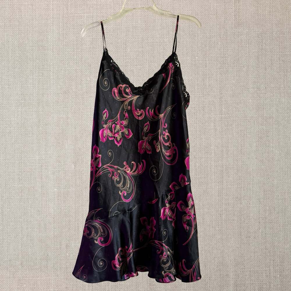 Delicates Black Pink Floral Satin Chemise Nightgown Lace Trim Ruffle Hem Large
